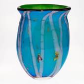 Stor glasvase - Turkis med træer og sommerfugle, 31cm, Mundblæst glaskunst,...
