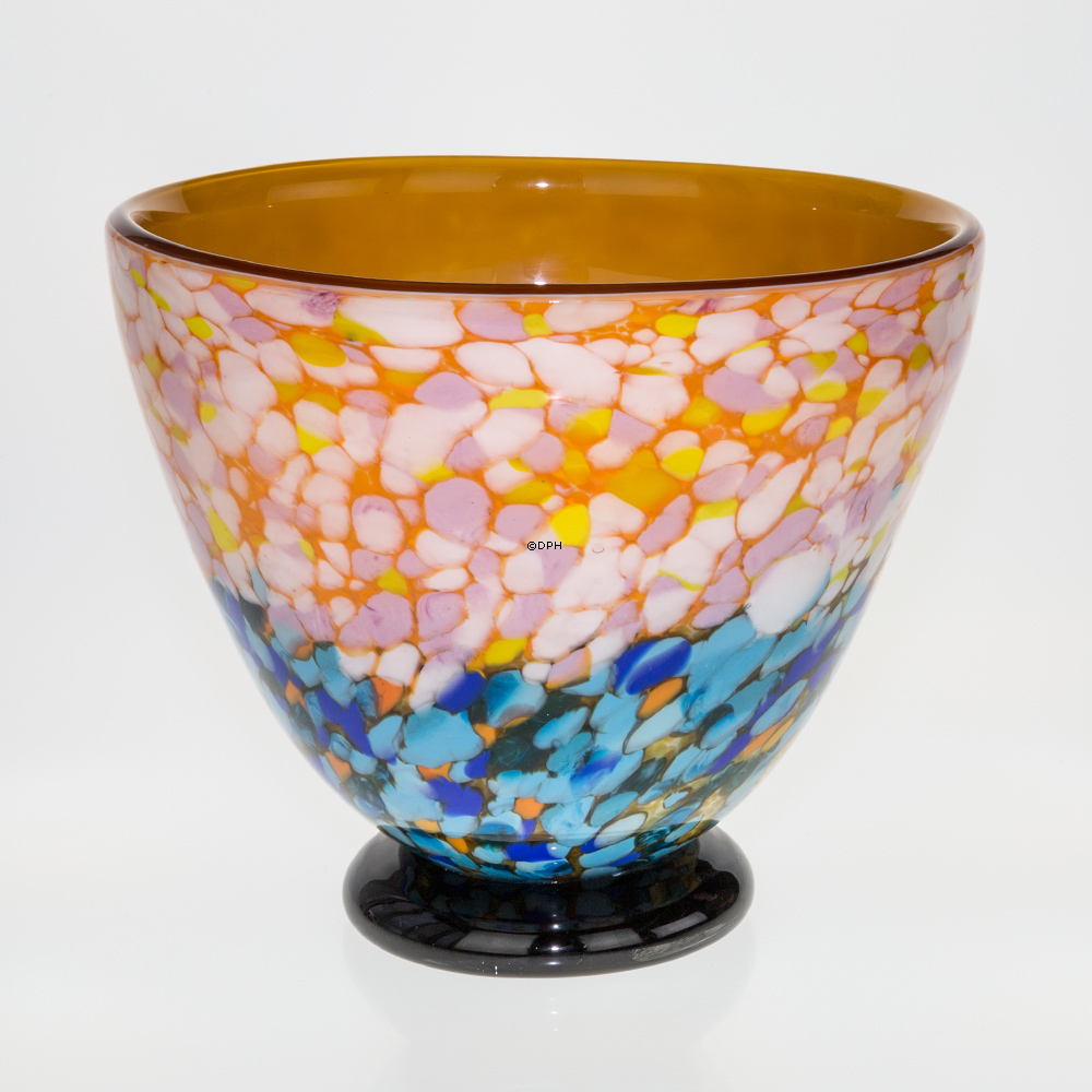 Stor glasskål med lys blå bund 24x27cm, Mundblæst glaskunst,