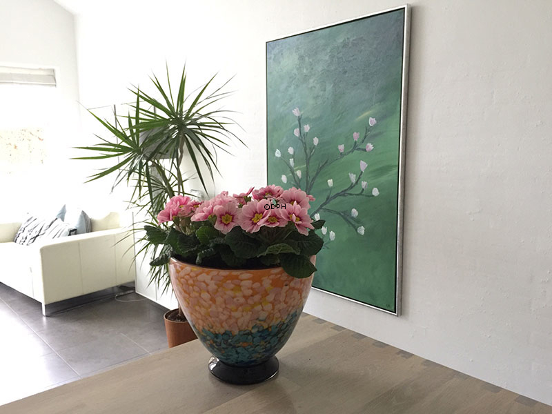 Glasskål med limegrøn bund 24x27cm, Glaskunst, Mundblæst,