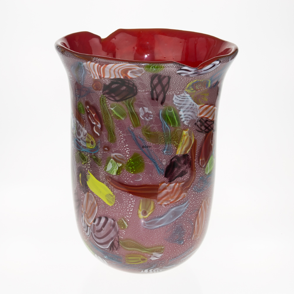 Glasvase med rød dekoration, 31cm, Glaskunst, Mundblæst,