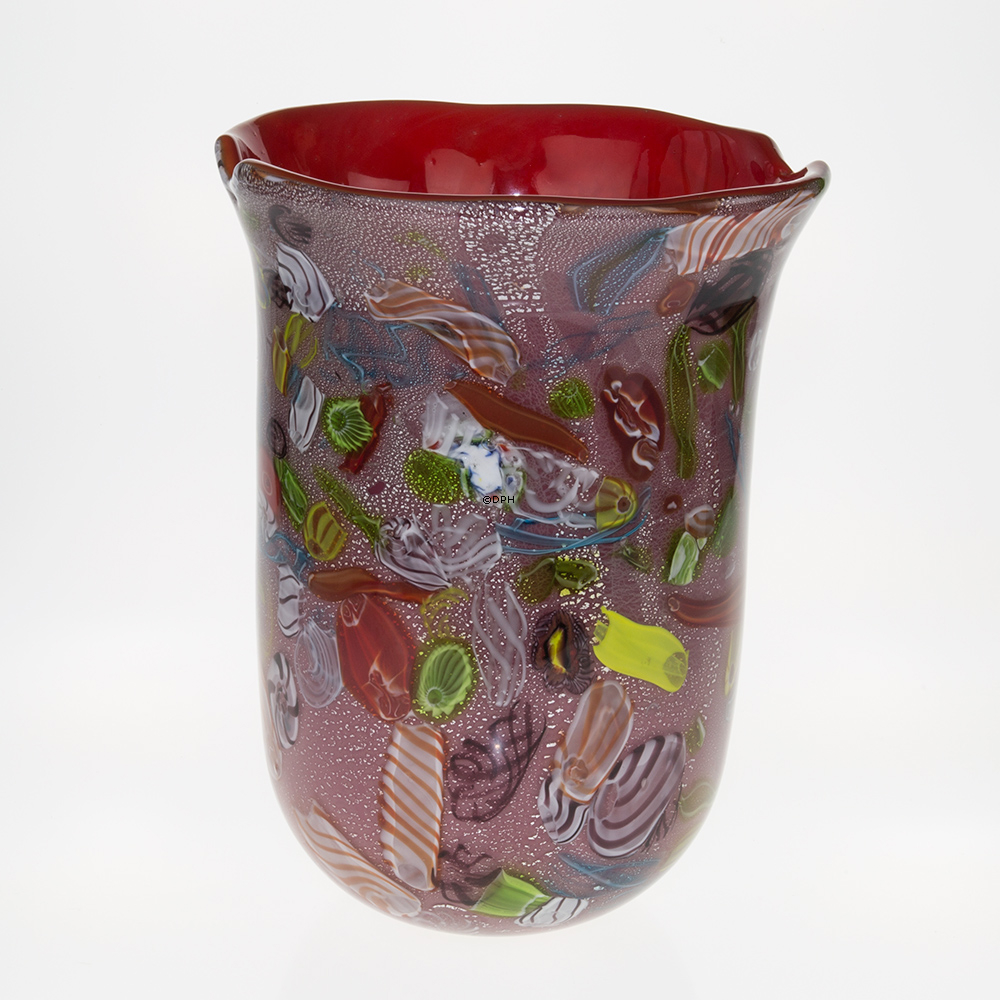 Glasvase med rød dekoration, 31cm, Glaskunst, Mundblæst,