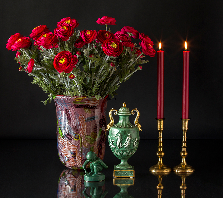 Glasvase med rød dekoration, 31cm, Glaskunst, Mundblæst,