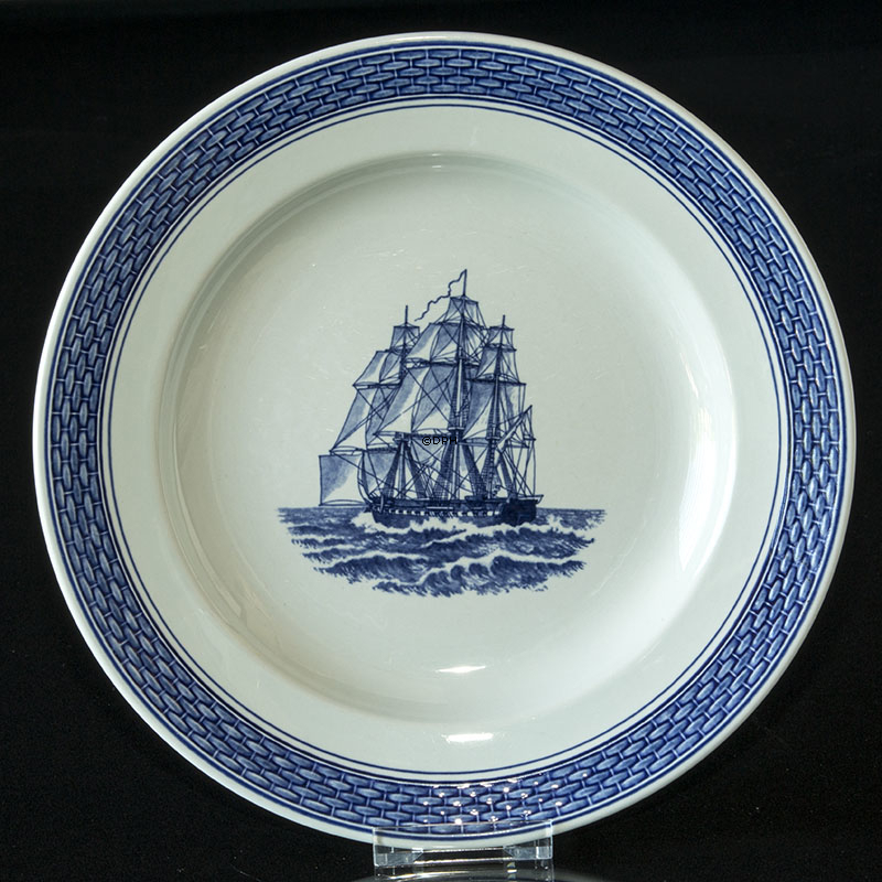 Royal Copenhagen/Aluminia Tranquebar, blå, tallerken med skib / Windjammer 25cm