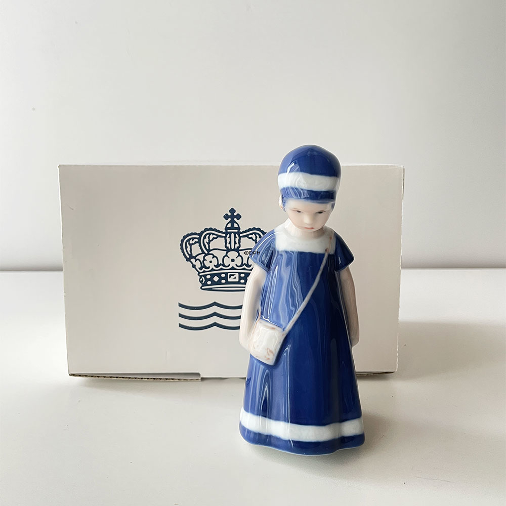 MINI Else med blå kjole, mini, Pige stående med taske, Royal Copenhagen figur nr. 083