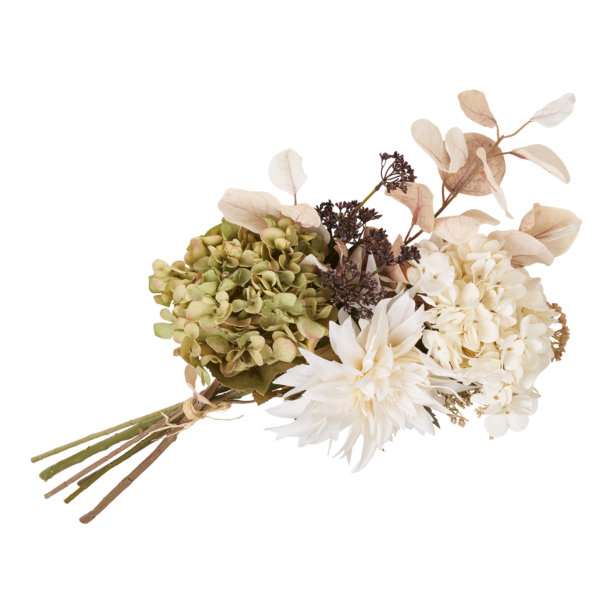 Naturtro blomsterbuket med hortensia i bløde lyse nuancer, H: 63 cm
