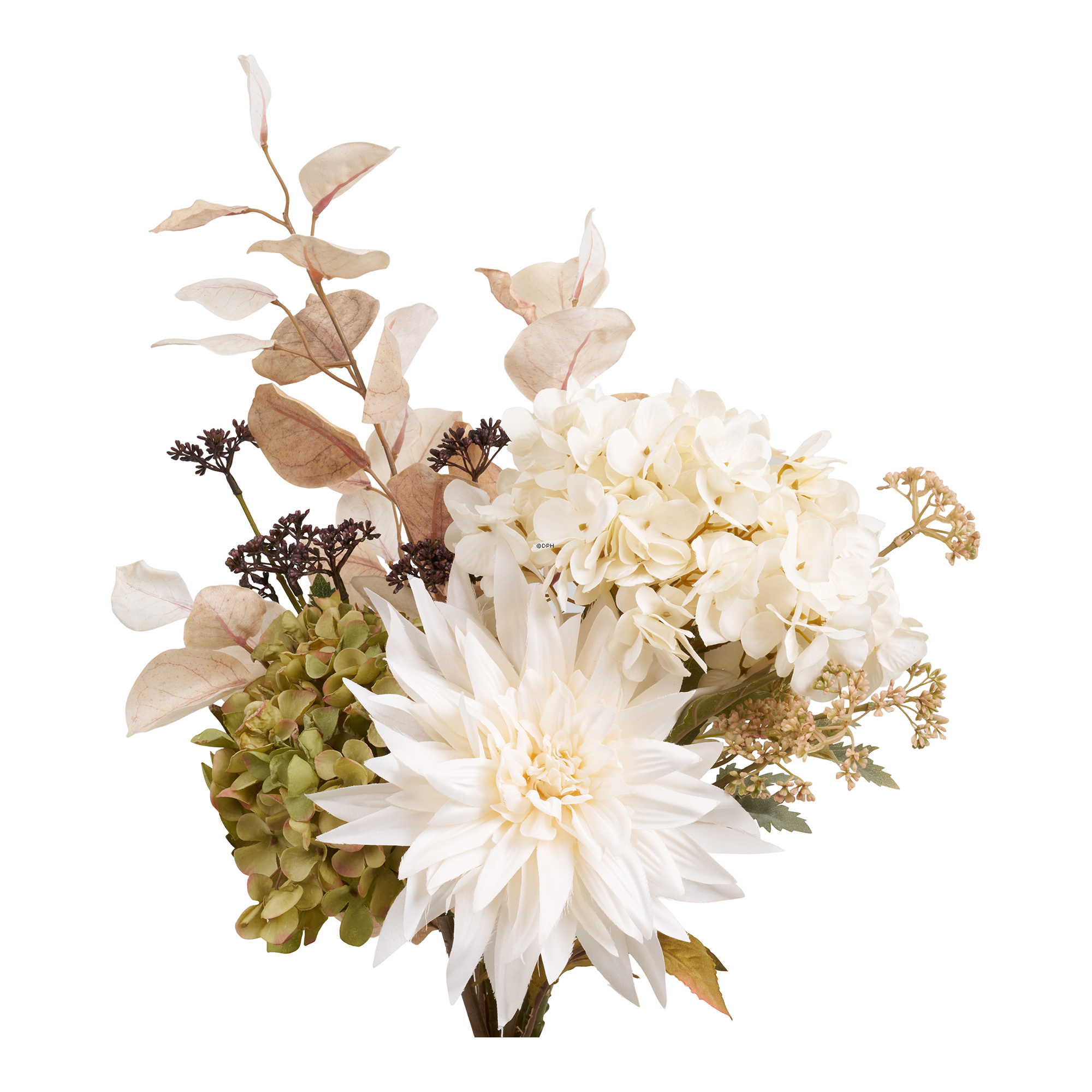 Naturtro blomsterbuket med hortensia i bløde lyse nuancer, H: 63 cm