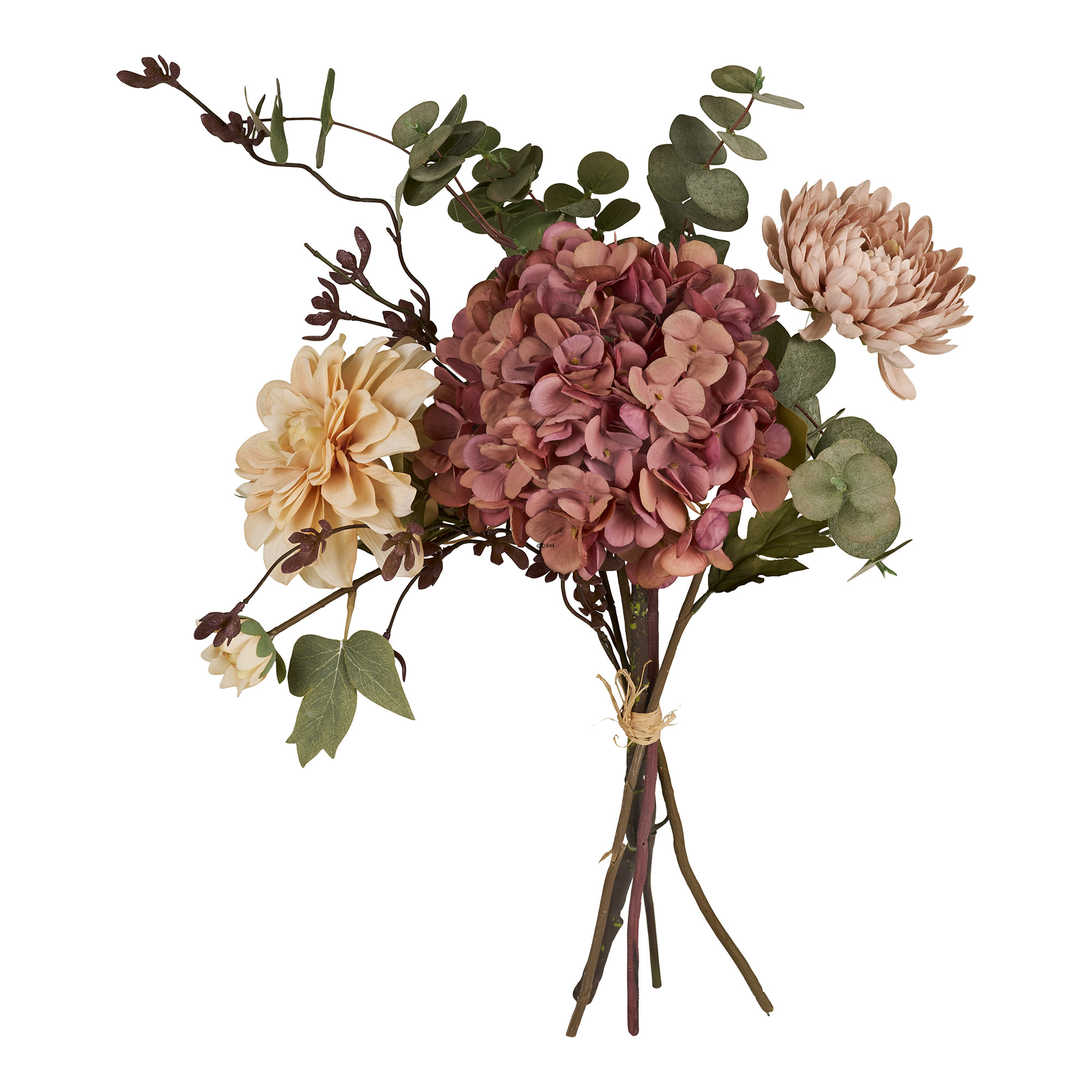 Stor naturtro blomsterbuket med hortensia i rosa og offwhite, H: 63 cm