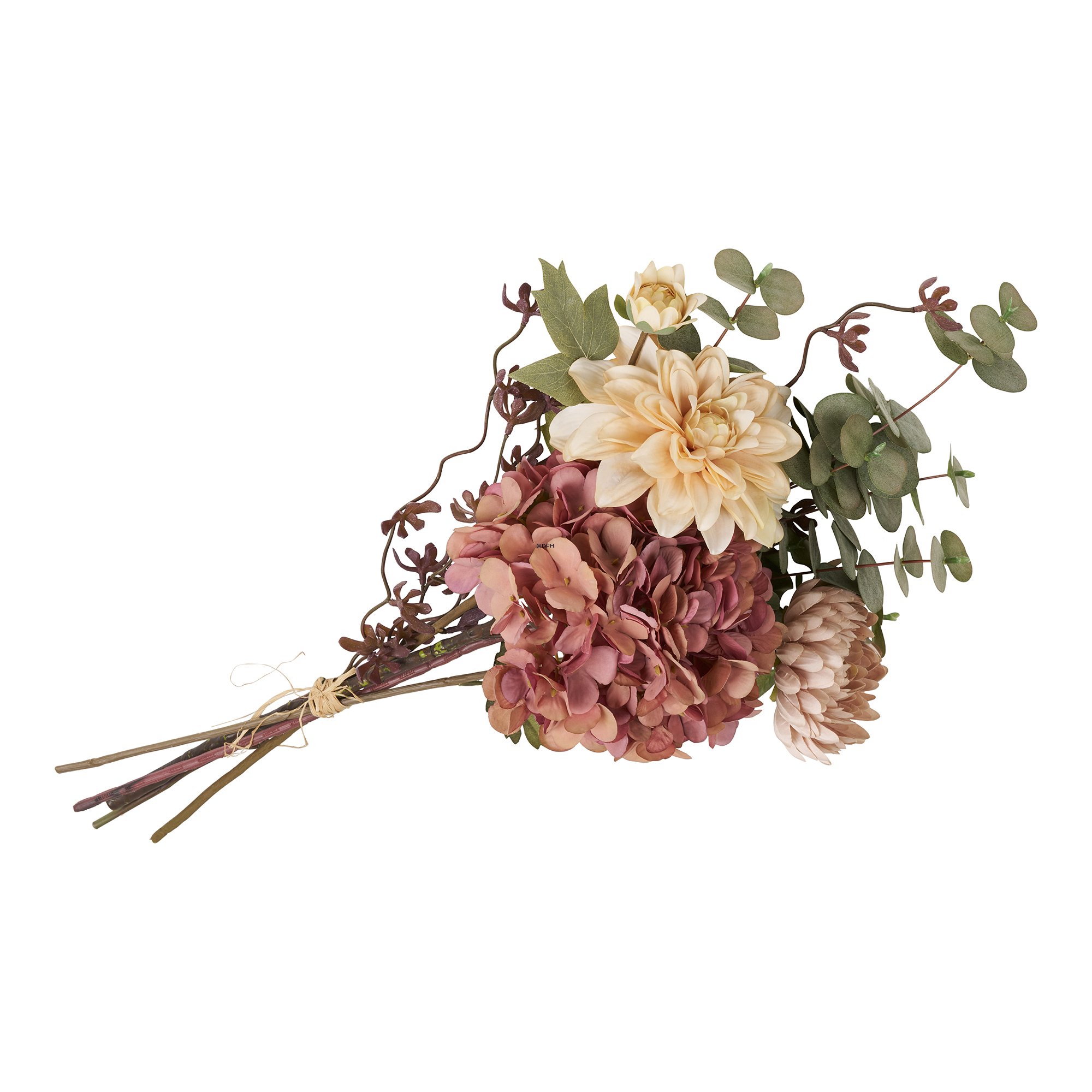 Stor naturtro blomsterbuket med hortensia i rosa og offwhite, H: 63 cm