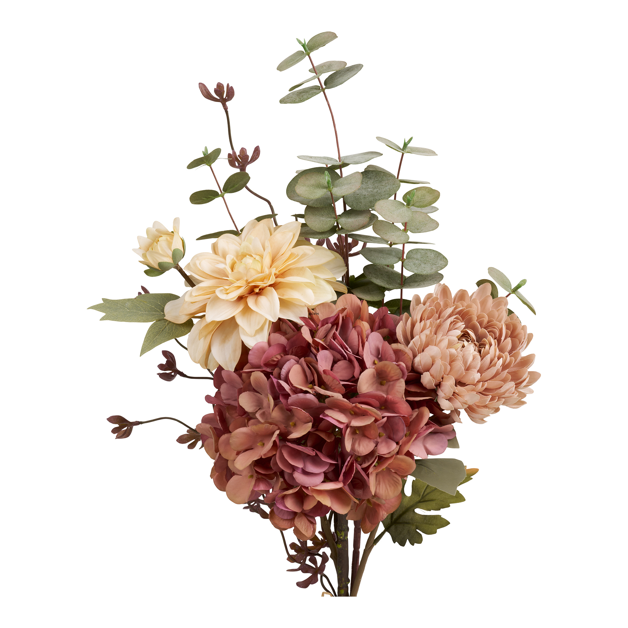 Stor naturtro blomsterbuket med hortensia i rosa og offwhite, H: 63 cm