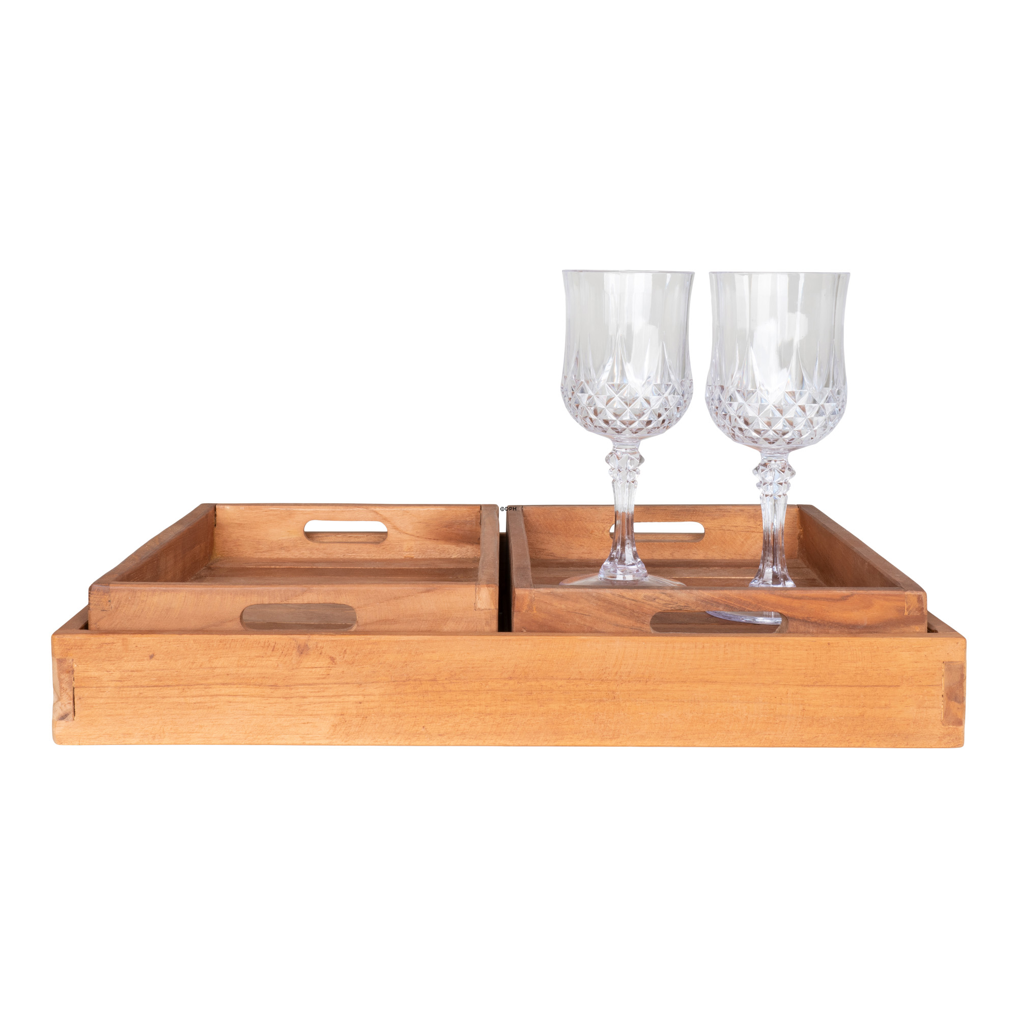 Træ bakker i teak natur, sæt af 3 stk. (1 stor: 40 x 29 cm - 2 stk. små: 26 x 18 cm)