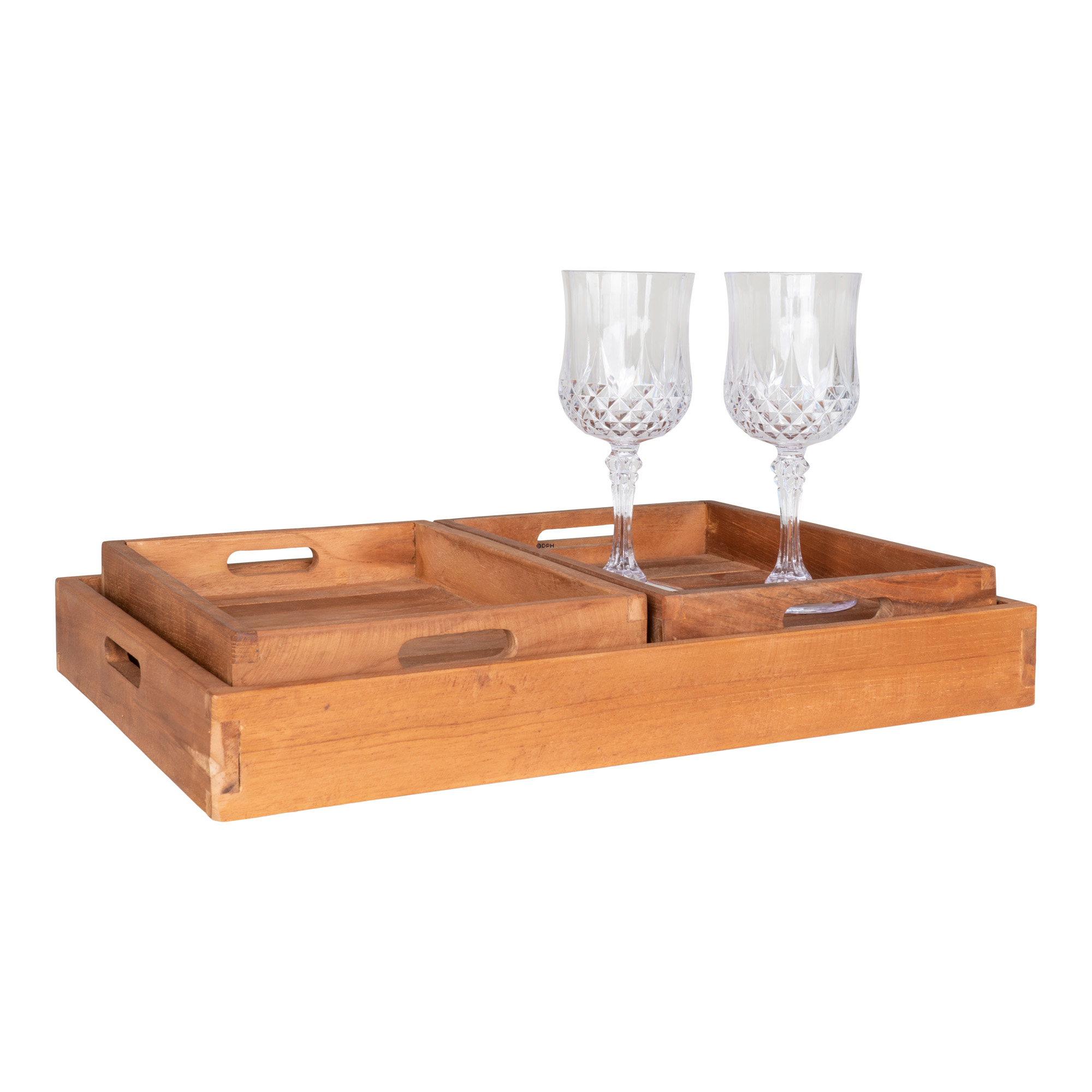 Træ bakker i teak natur, sæt af 3 stk. (1 stor: 40 x 29 cm - 2 stk. små: 26 x 18 cm)