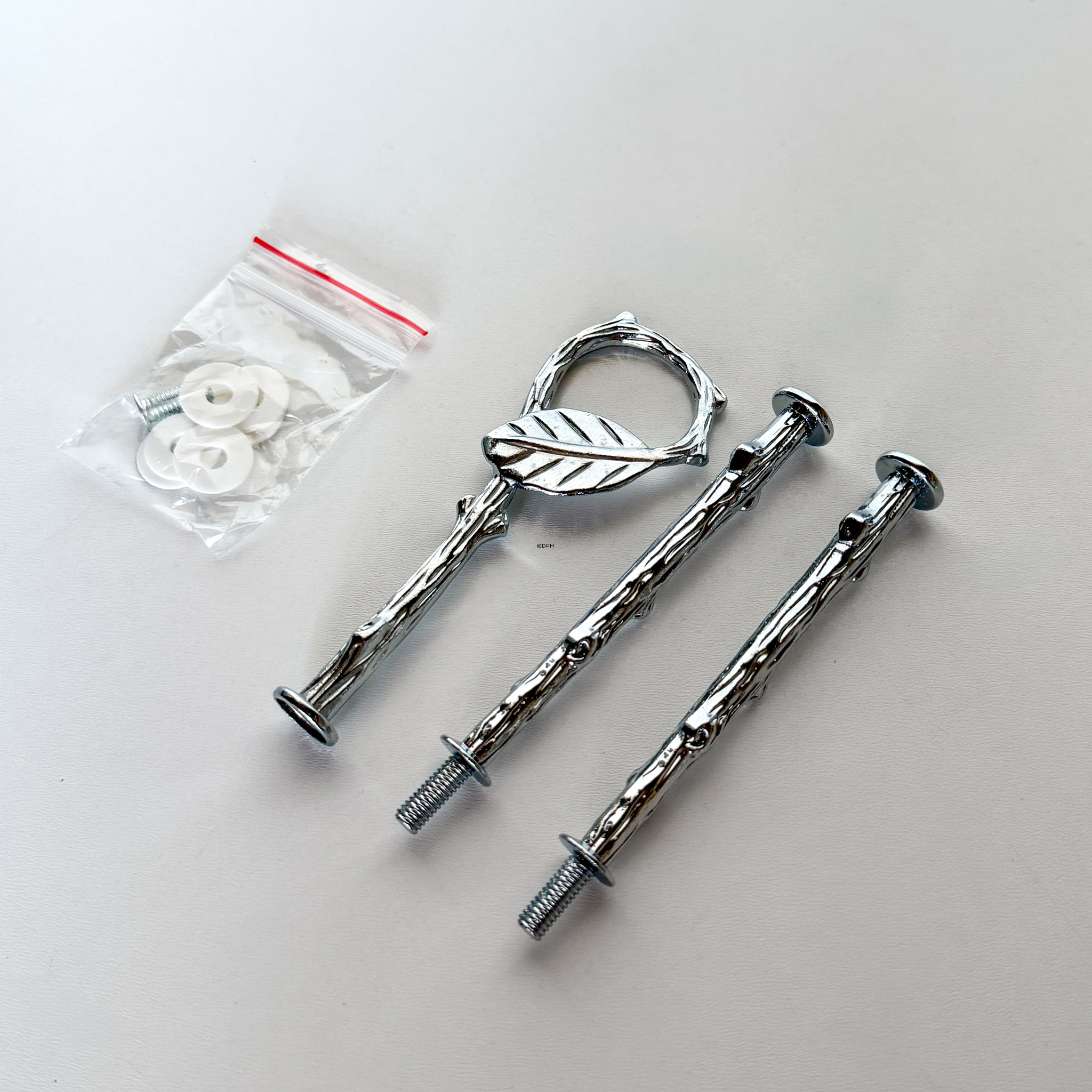 Fittings til kageopsats, sølv finish, Rund bøgeblad hank, 2-3 lag