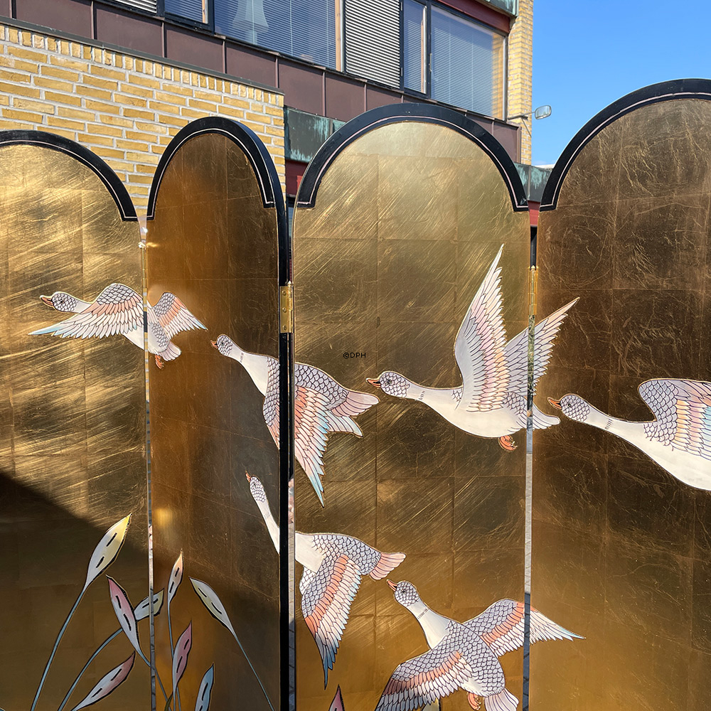 Kinesisk væg panel med buer,  6-fløjet (skillevæg) Guld med fugle  Bredde 250 Højde 180cm (udstillingsmodel)