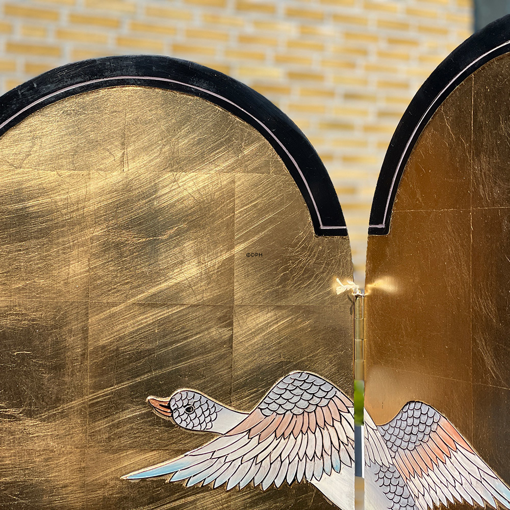 Kinesisk væg panel med buer,  6-fløjet (skillevæg) Guld med fugle  Bredde 250 Højde 180cm (udstillingsmodel)