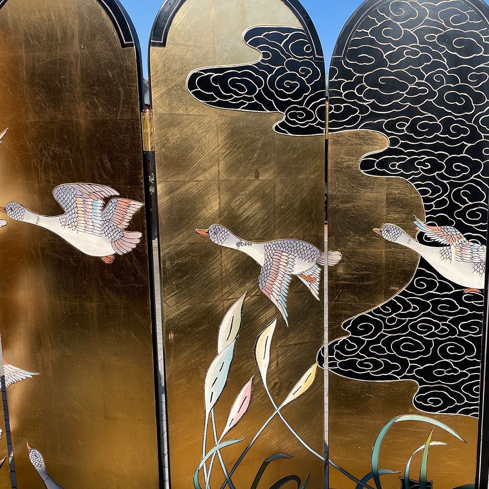 Kinesisk væg panel med buer,  6-fløjet (skillevæg) Guld med fugle  Bredde 250 Højde 180cm (udstillingsmodel)