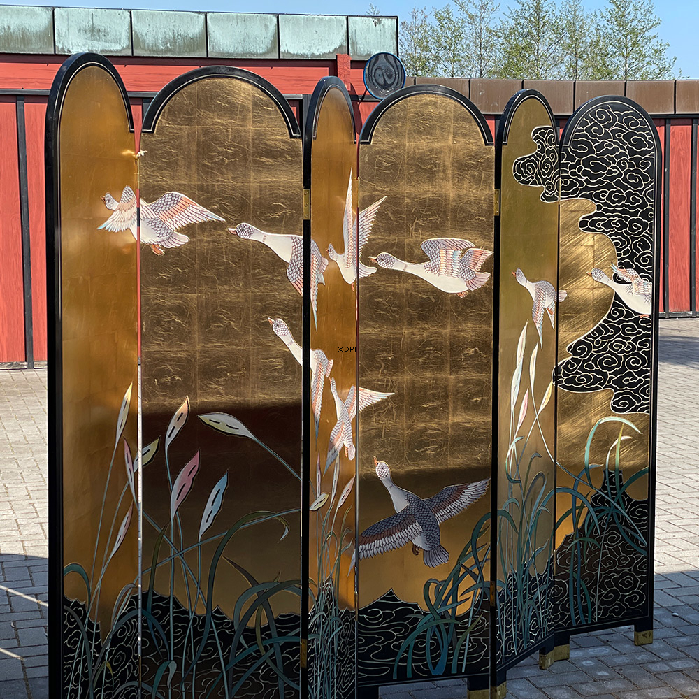 Kinesisk væg panel med buer,  6-fløjet (skillevæg) Guld med fugle  Bredde 250 Højde 180cm (udstillingsmodel)