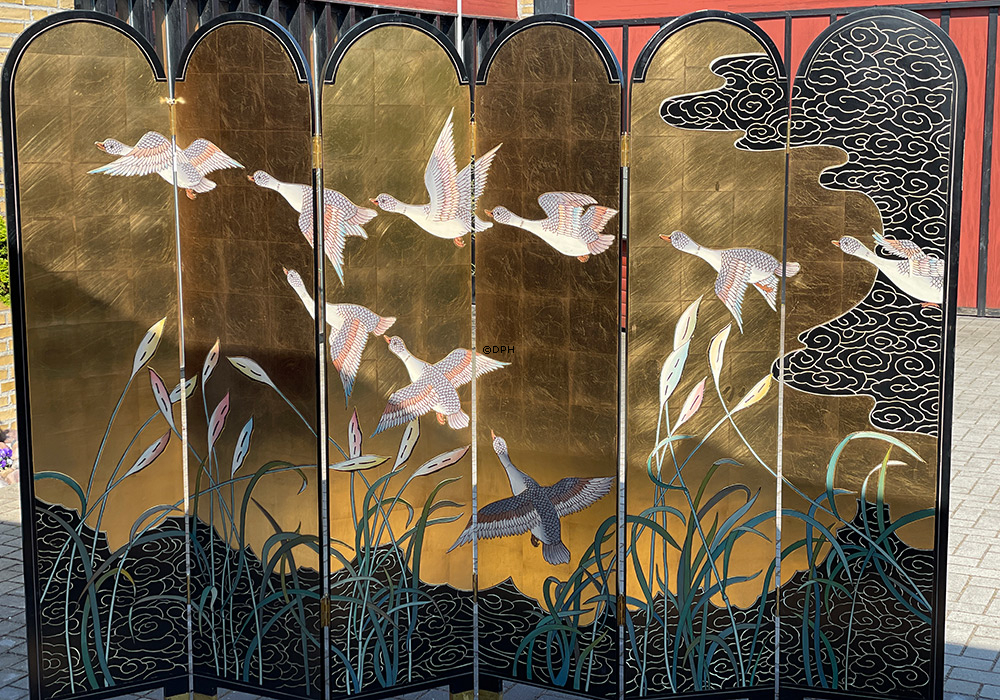 Kinesisk væg panel med buer,  6-fløjet (skillevæg) Guld med fugle  Bredde 250 Højde 180cm (udstillingsmodel)