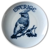 Schwedischer Briefmarkenteller mit Seidenschwanz, Schweden, Zeichnung in Blau, Bing & Gröndahl