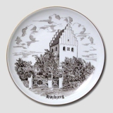 Bing & Grondahl Plate, Hoejbjerg Church, drawing in brown