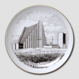 Bing & Grondahl Plate, Nyvang Church, Kalundborg, drawing in brown