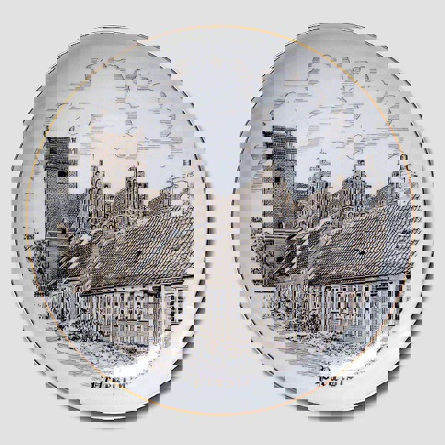 Bing & Grøndahl Platte, Præstø, brun stregtegning