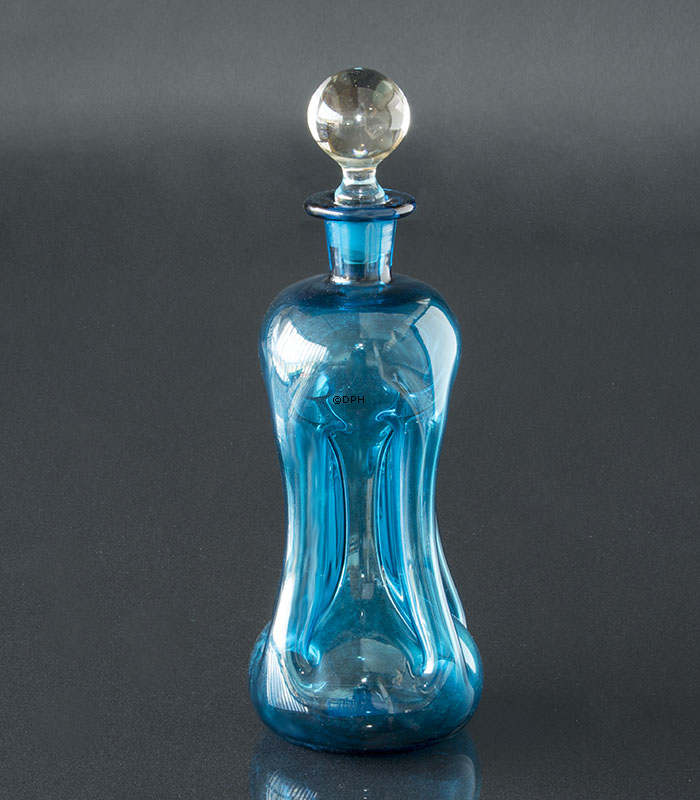 Holmegaard Glas blå Klukflaske med låg