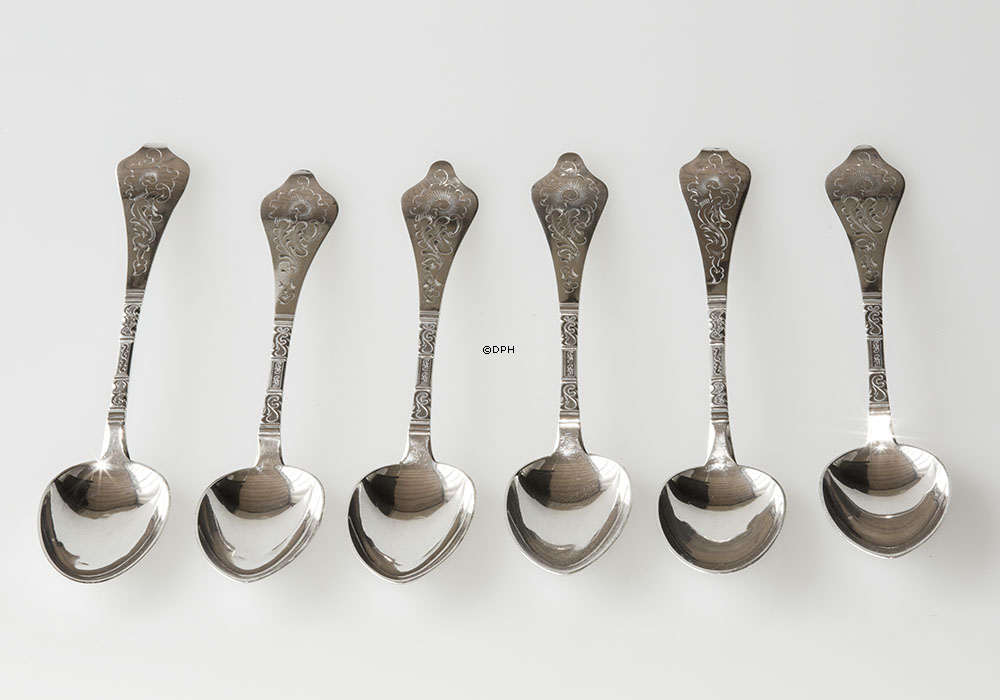 Tretårnet sølv 6 spiseskeer signeret CHF - Christian. Fr. Heise