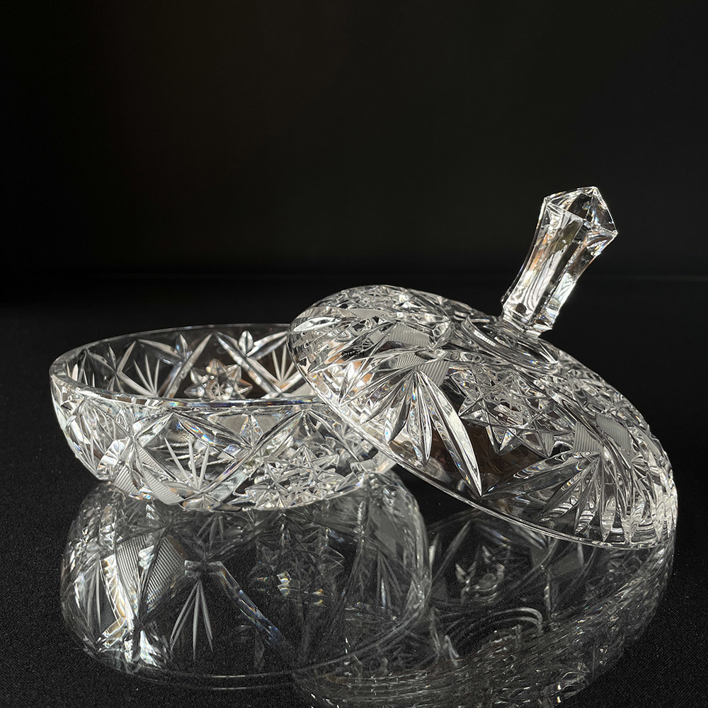 Krystal glas bonbonniere, skål med låg, med slibninger