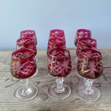Bohemian port wine glasses in crystal, dark pink, set of 9 pieces