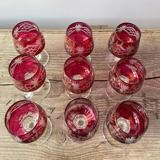 Bohemian port wine glasses in crystal, dark pink, set of 9 pieces