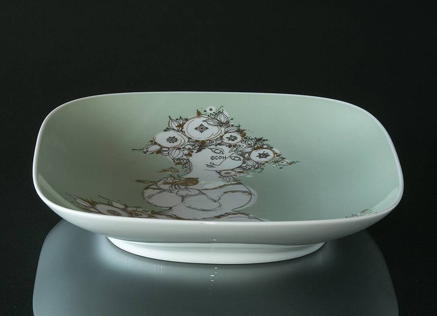 Bjørn Wiinblad Fad, Kvinde med fugl, i grøn og guld