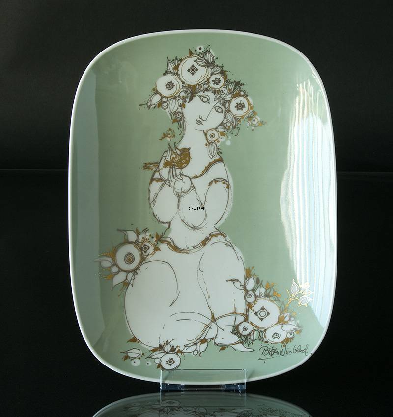 Bjørn Wiinblad Fad, Kvinde med fugl, i grøn og guld