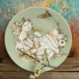 Bjorn Wiinblad Plate, Rosenthal, Decorated with lady with bird, green and gold color
