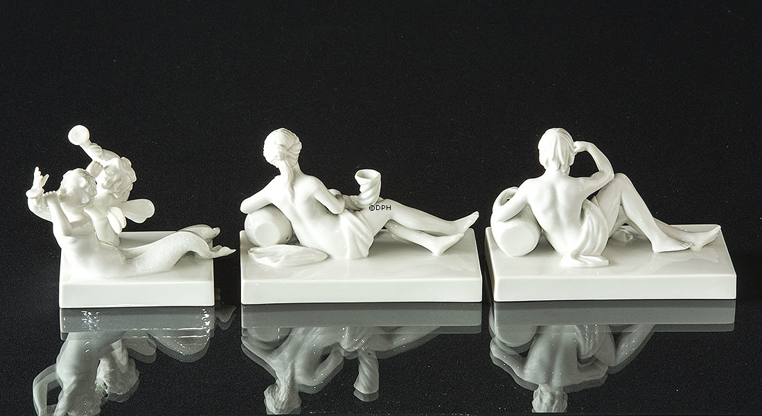 RC figurer nr. 12245, 12246 og 12247, Neptun - Nordsøen, Havsnymfer , spiller trompet, Havfrue - Østersøen