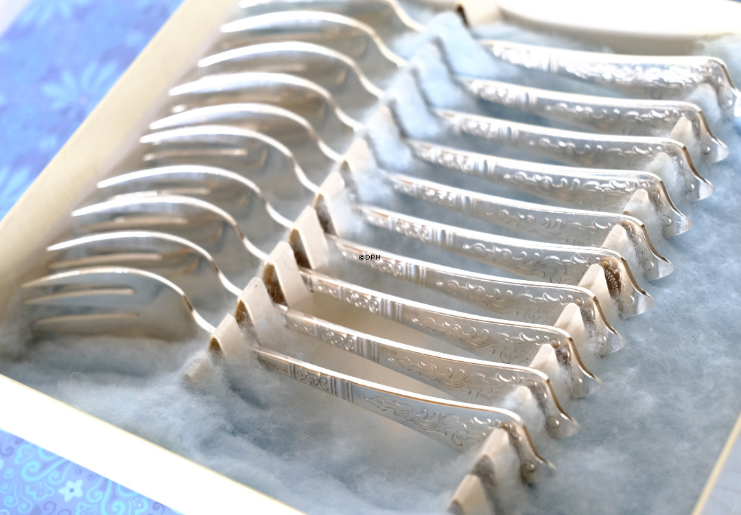 Antik sølv kagegaffel, sæt af 10 stk.