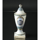 Ornamental trophy / Lidded vase with semi overglaze decoration, Royal Copenhagen, Inscription: 4 April 1798-1923