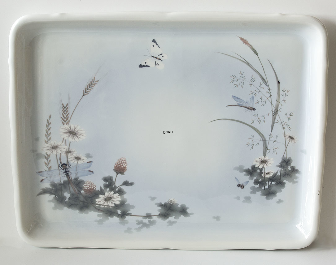 Kæmpe porcelænsbakke med blomster, guldsmed og sommerfugle, Royal Copenhagen