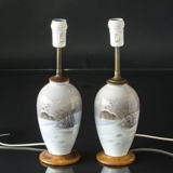 Lamps PAIR of 2 pcs.i with snow landscape, Royal Copenhagen Art Noveau - Mounted with new cord and socket