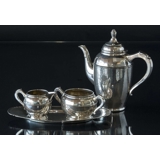 Coffee pot, creamer and sugar bowl and tray in silver plating