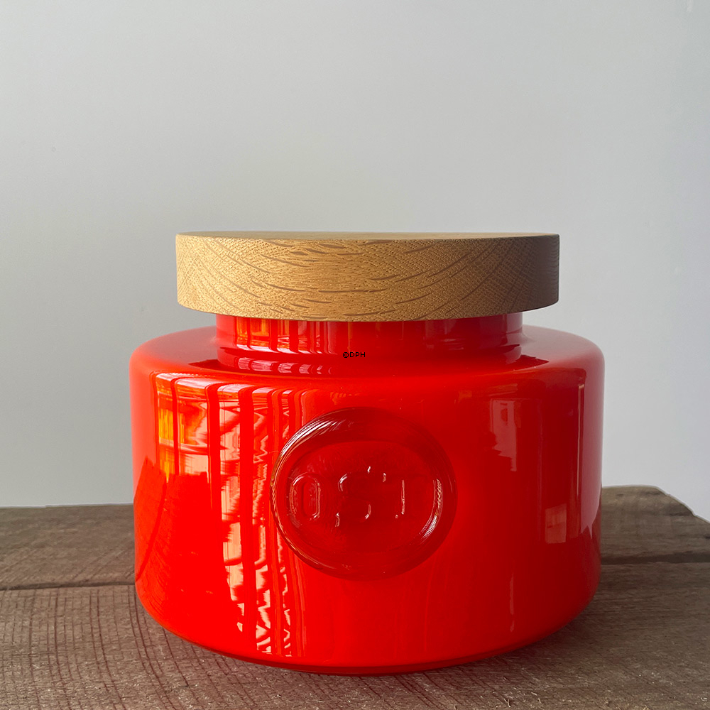 Holmegaard Orange Palet opbevaringskrukke med teksten "ost" Design Michael Bang