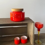 Holmegaard Orange Palette storage jar with text "Ost" (Cheese) Design Michael Bangg