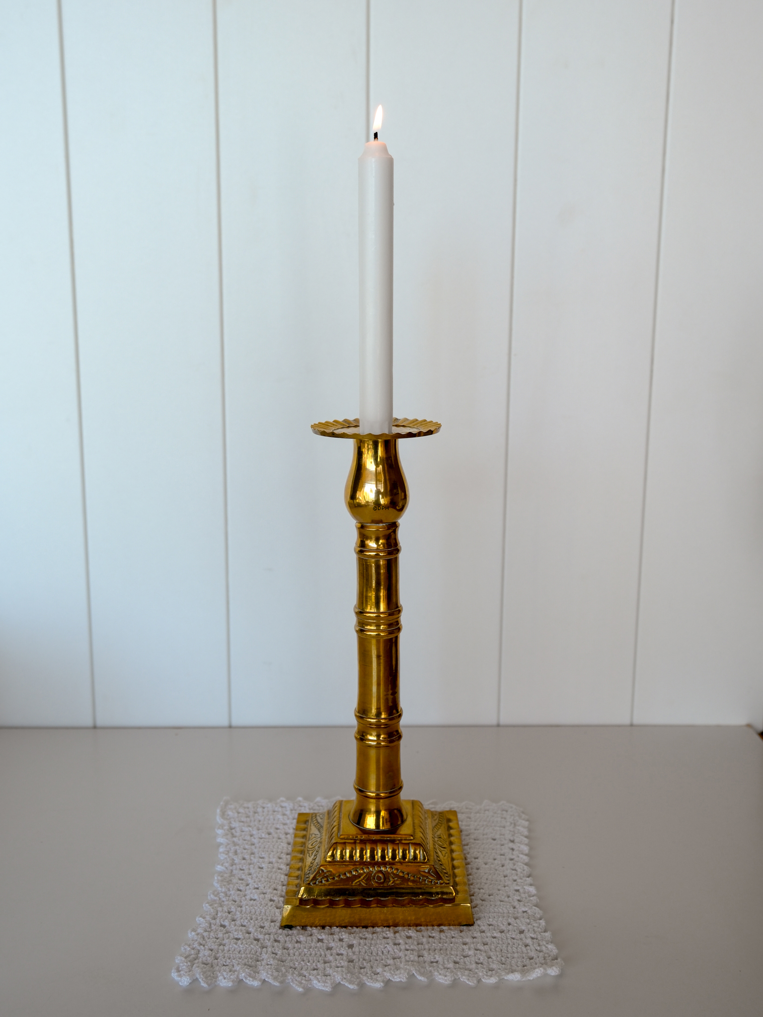 Gammel messing lysestage til almindelig stearinlys, 32 cm