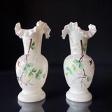 Antique vases in opal white glass with motif of flowers, set of 2