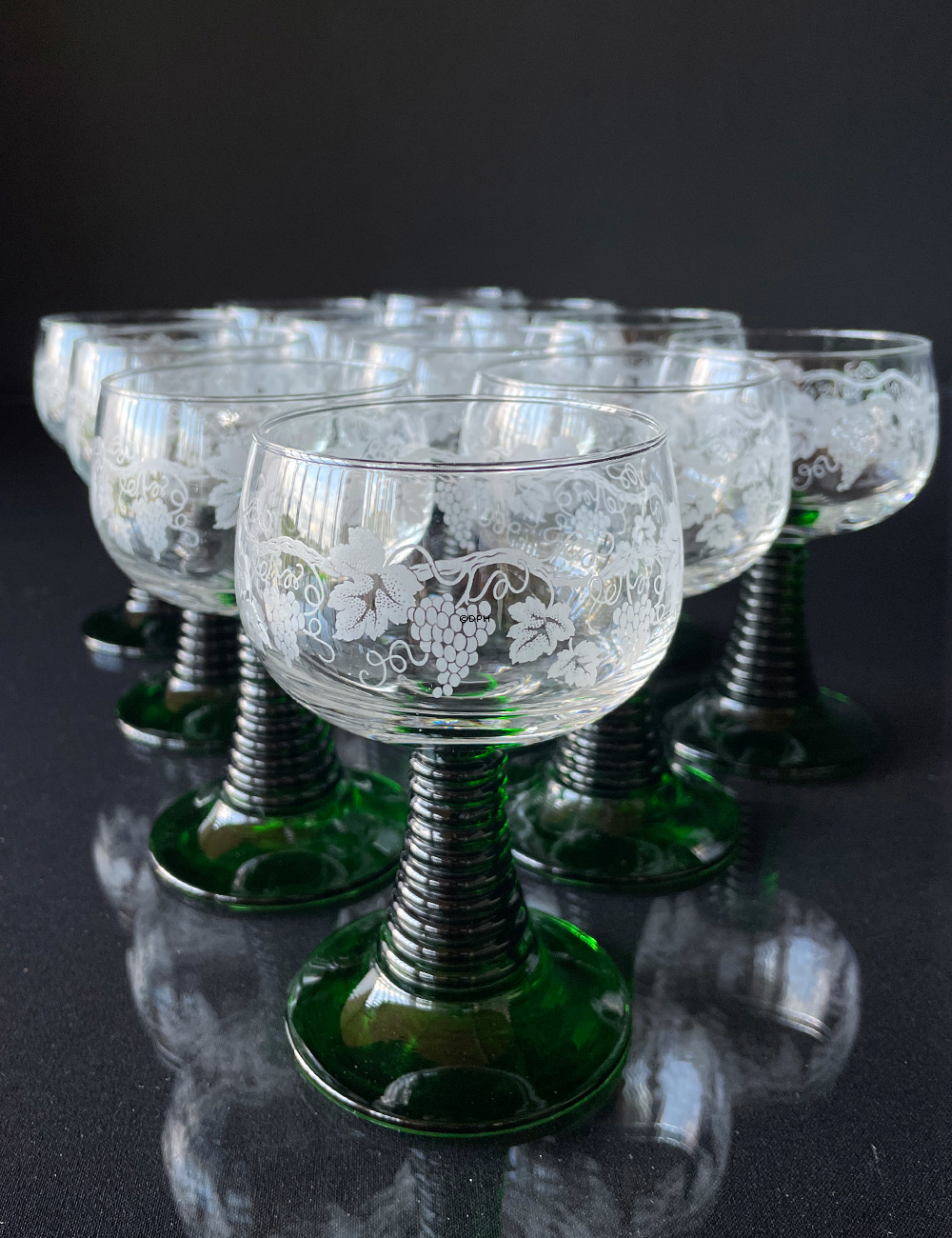 Rømerglas med grøn stilk - Sæt af 12 stk.