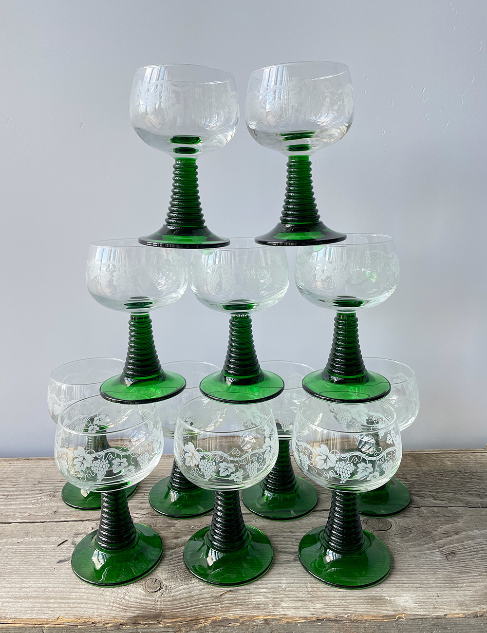 Rømerglas med grøn stilk - Sæt af 12 stk.