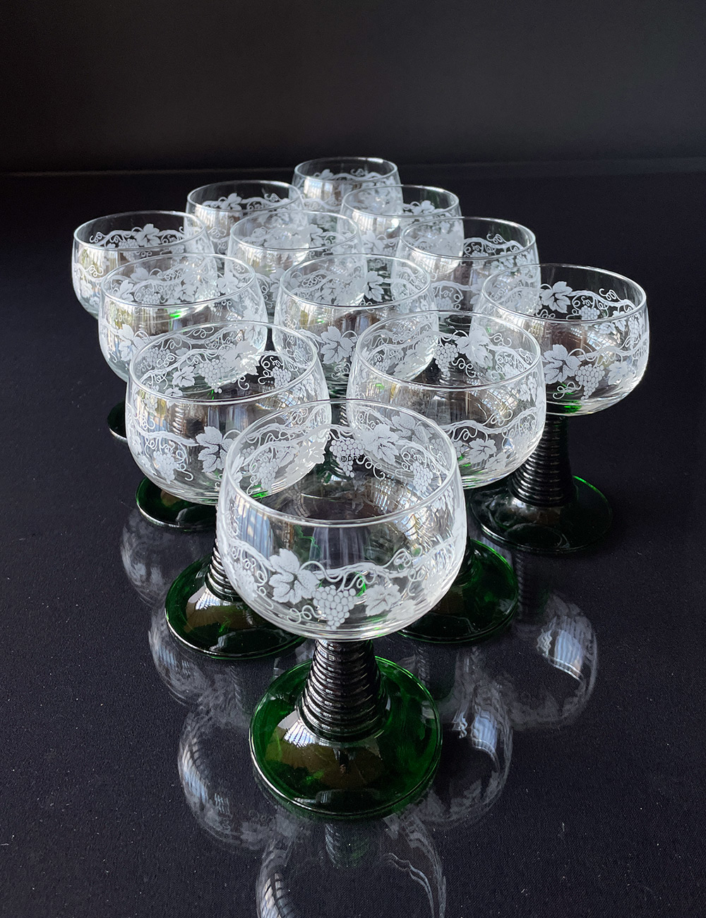 Rømerglas med grøn stilk - Sæt af 12 stk.