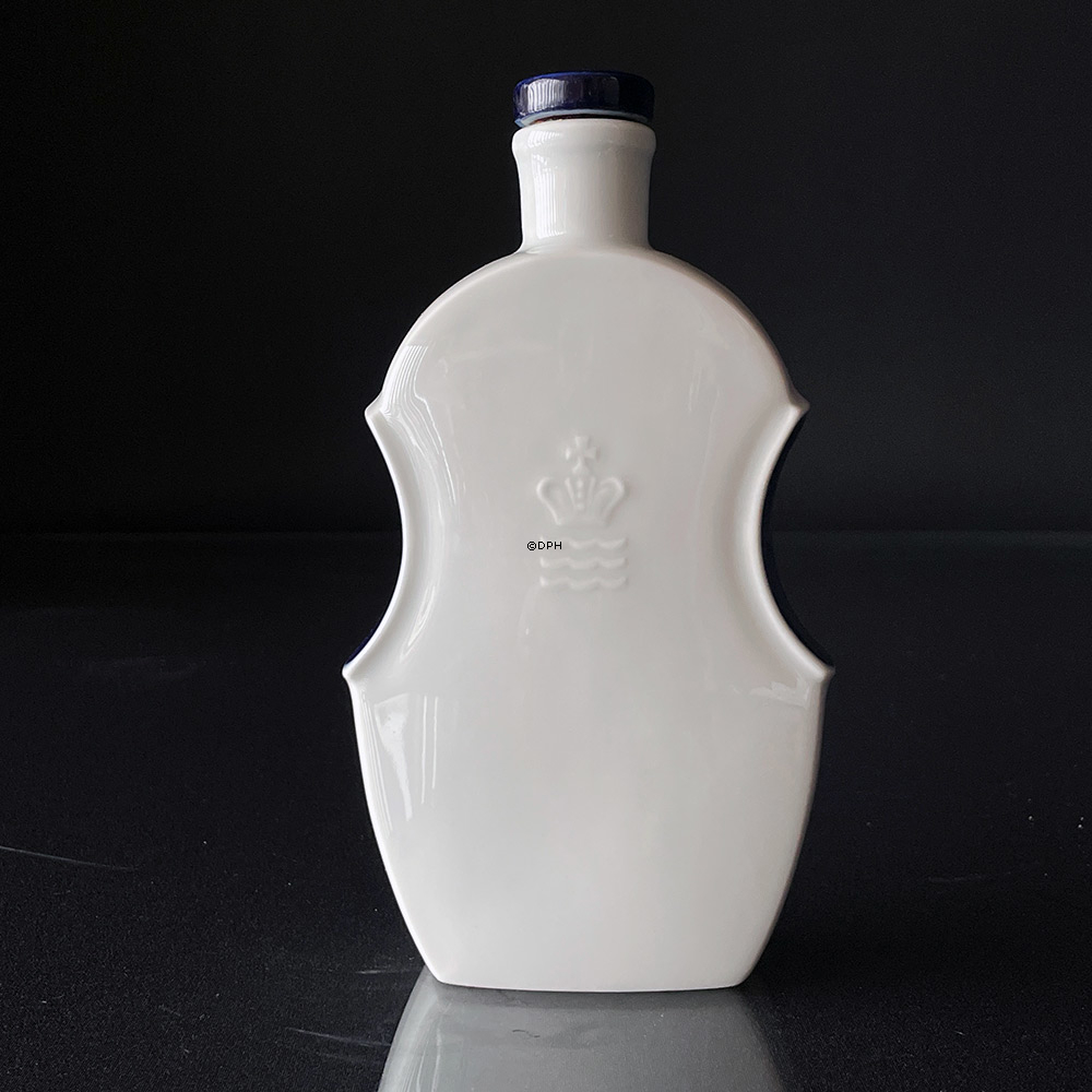 Dram flaske / karaffel m/ prop Hvid med blåt, dekoreret med kongekrone og Heering monogram, Royal Copenhagen