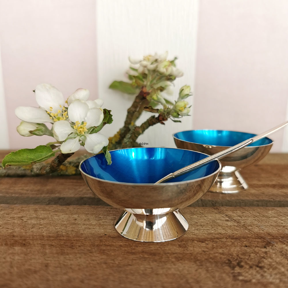 Kronen Danmark Saltkar sølvfinish med blå emalie sæt af 2 saltkar med tilhørende skeer