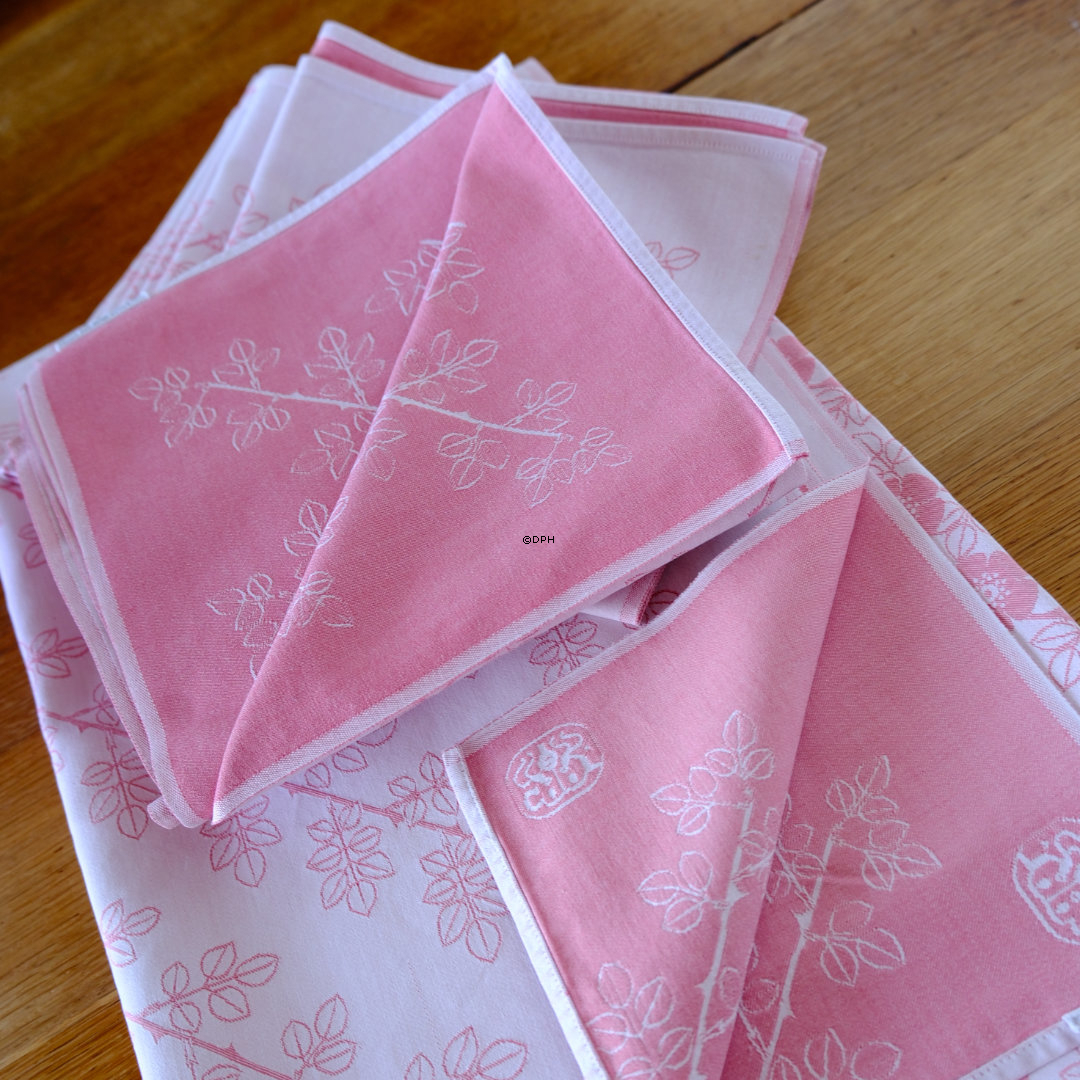 Georg Jensen Damask Dug og 10 mundservietter, Lyserød med blomster, Gammel, dugen måler 130 x 200 cm