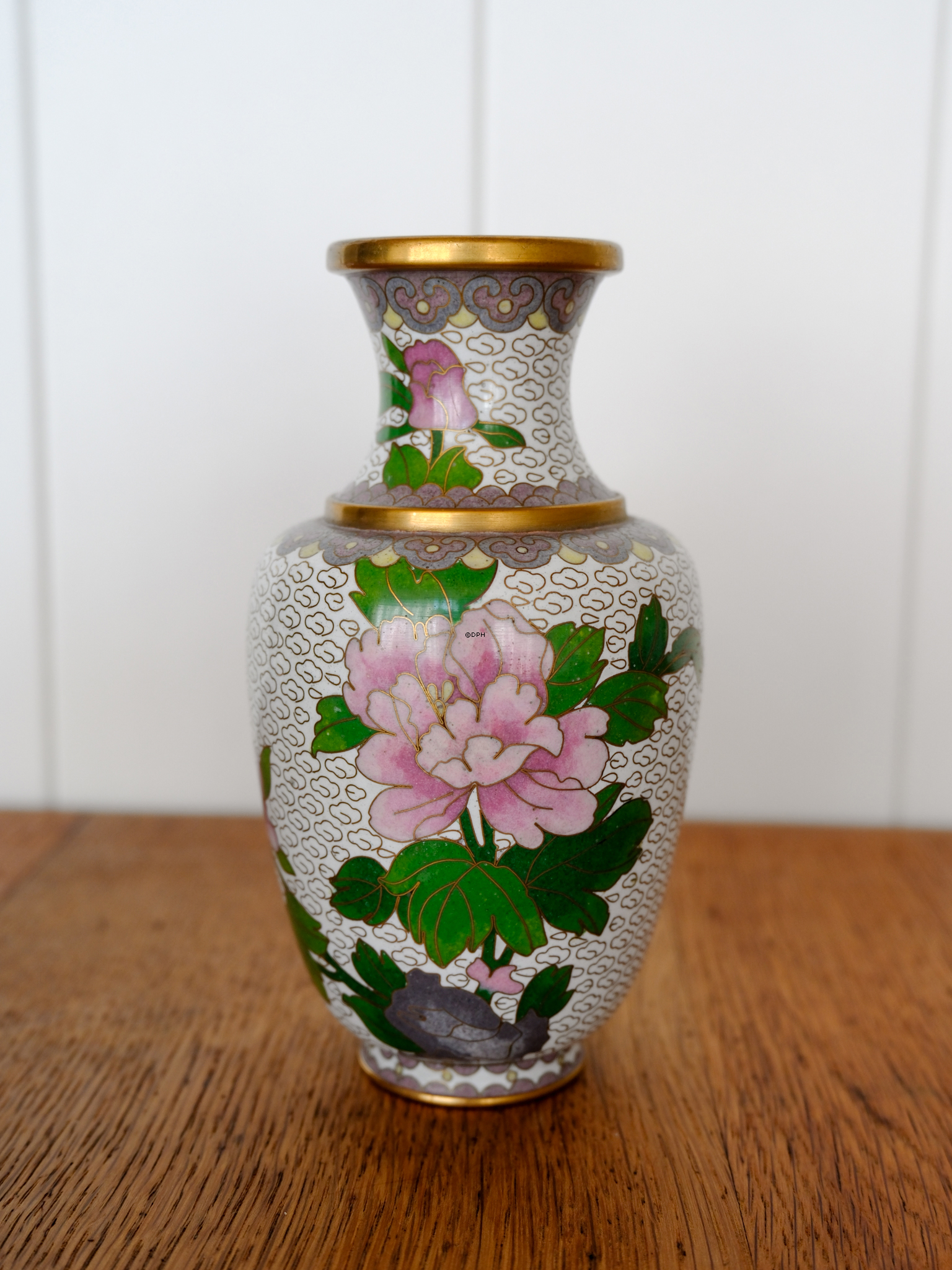 Kinesisk Cloisonne vaser, lyserød pæon på gråbeige baggrund, sæt af 2 stk.